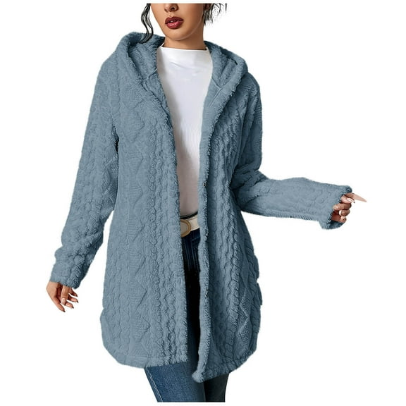 Babcutegg Womens Coats Long Length with Button double-faced pile Hooded Fall and Winter Clothes for Women Blue Size L