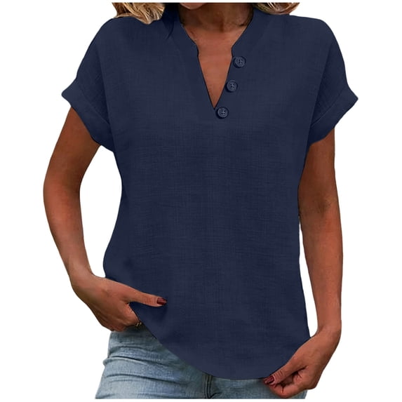 Babcutegg Womens Cotton Linen Shirts Casual Fashion Soild Color Crew Neck Sleeve Loose Fit Summer Spring Tee for Women Navy Size 2XL