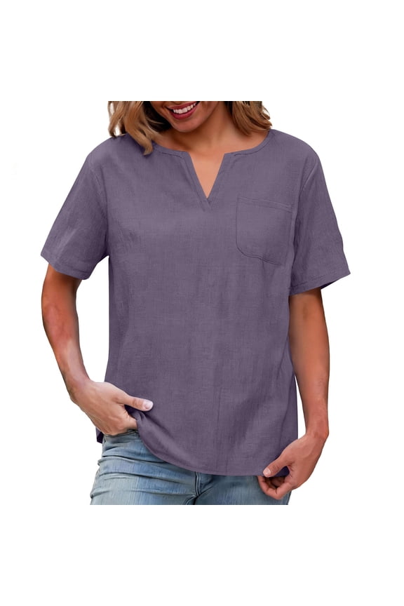 Womens Cotton Linen Shirts Loose Fit Basic Tops Breathable Summer Light Crew Neck Summer Spring Tee for Women Purple Size L