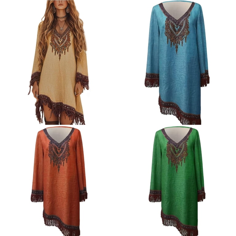 Babcutegg Womens Dresses Boho Style Western Cowgirl Dress Floral Embroidered  Fringe Tassel Womens Fashion Clothes Blue Size 2XL - Walmart.com