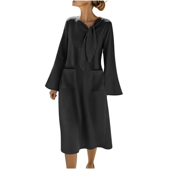 Babcutegg Womens Dresses Cotton Linen Long Length A Line Neck High Waist Female Outwear Black Size L