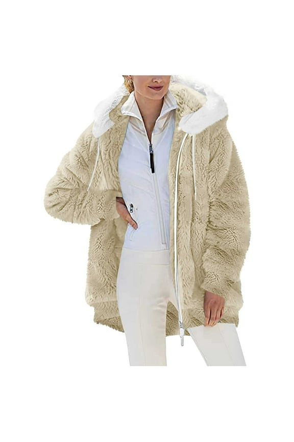Womens Jackets Hooded Full Zipper Side Pockets Fall and Winter Outwears for Women Beige Size L
