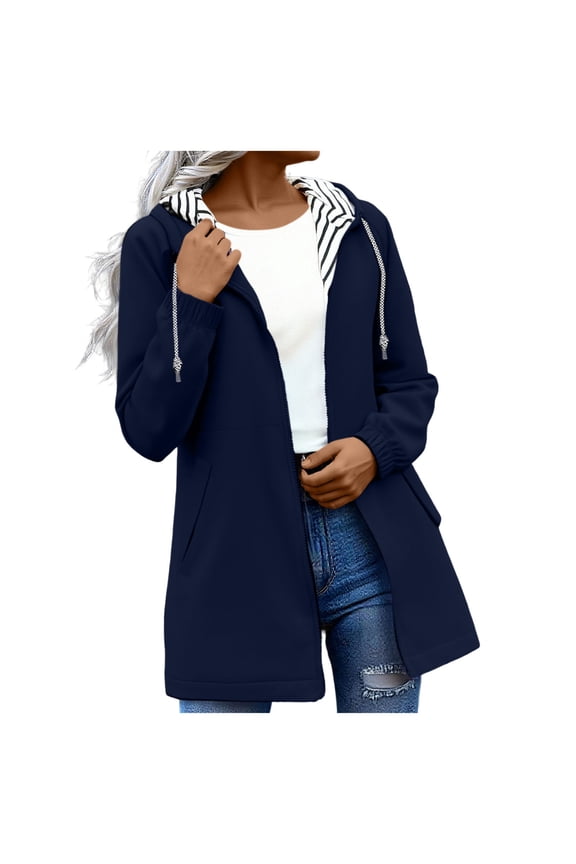 Womens Jackets Side Pockets Hooded Regular Fit Fall and Winter Outwears for Women Navy Size M