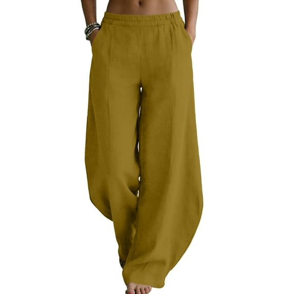 Babcutegg Womens Linen Pants Casual Fashion Wide Leg Soild Color Cotton Linen Elastic Waist Summer Clothes for Women Yellow Size M