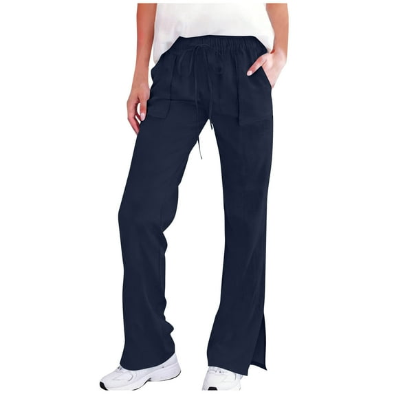 Babcutegg Womens Linen Pants Comfortable Casual Fashion Cotton Linen Regular Fit Side Pockets Summer Clothes for Women Dark Blue Size 2XL