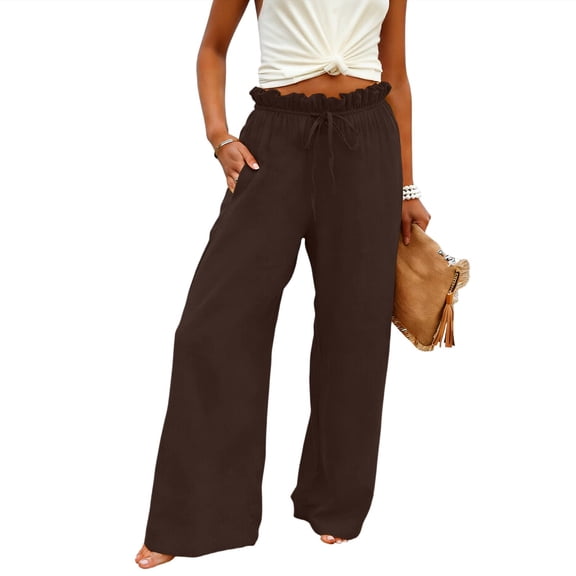 Babcutegg Womens Linen Pants Regular Fit Side Pockets Wide Leg Soild Color Cotton Linen Summer Clothes for Women Brown Size 2XL