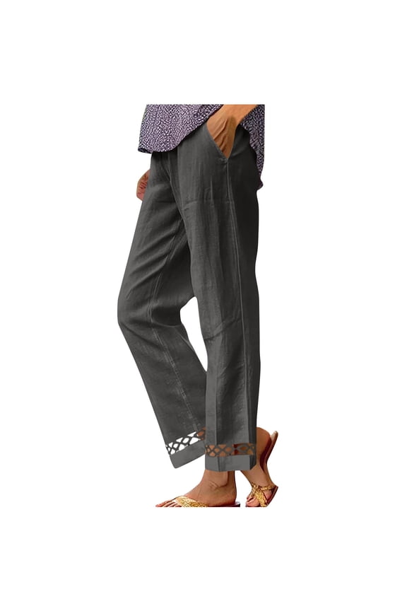 Womens Linen Pants Side Pockets Elastic Waist Soild Color Cotton Linen Long Length Summer Clothes for Women Gray Size L