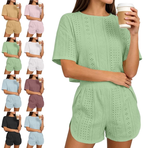 Babcutegg Womens Pajama Set 2-Piece Hollow Out Short Sleeve Top and Shorts Breathable Comfy Lounge Set Sky Blue Size M
