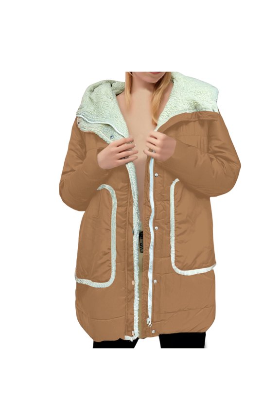 Womens Parka Jackets Fleece Lined Side Pockets Hooded Fall and Winter Clothes for Women Brown Size M