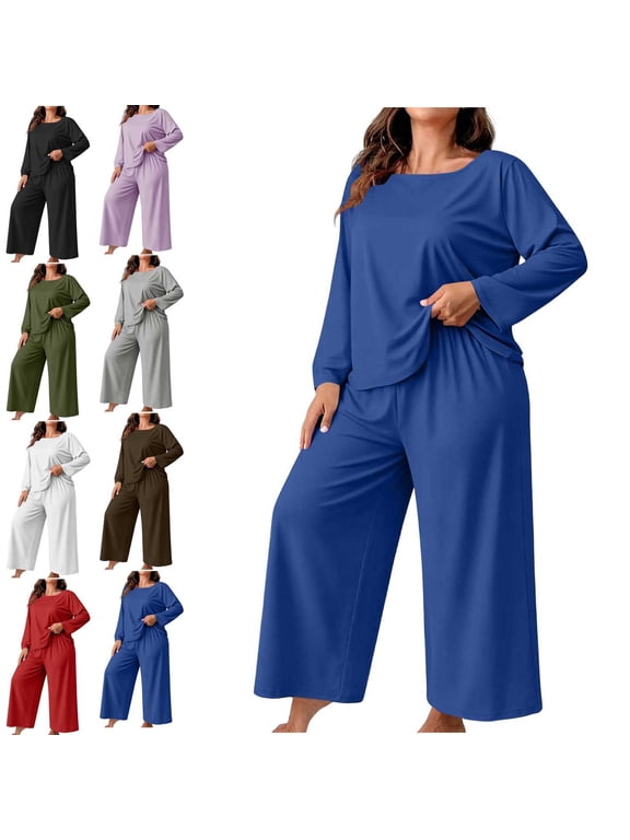 Womens Plus Size Pajama Set Crewneck Long Sleeve Top and Wide Leg Pants Comfy Lounge Set Gray Size XL