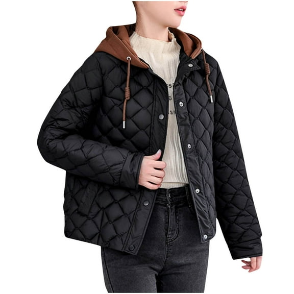 Babcutegg Womens Puffer Jackets Fleece Lined Full Zipper Hooded Womens Fall and Winter Outfits Black Size L