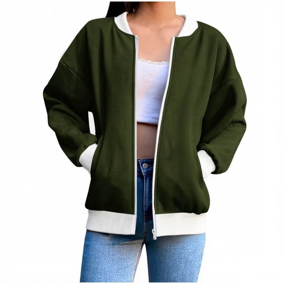 Babcutegg Womens Sweatshirts Full Zipper Side Pockets Color Blocked Regular Fit Fall and Winter Clothes for Women Army Green Size XL
