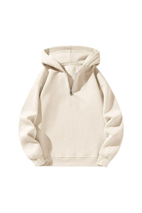 Womens Sweatshirts Pullover Hooded Soild Color Long Sleeve Half Zipper Fall and Winter Clothes for Women Beige Size 2XL