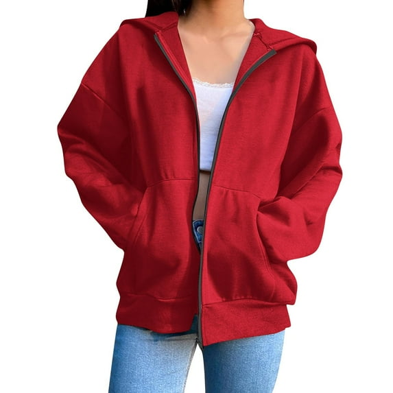 Babcutegg Womens Sweatshirts Side Pockets Soild Color Zipper Outfits for Women Red XL