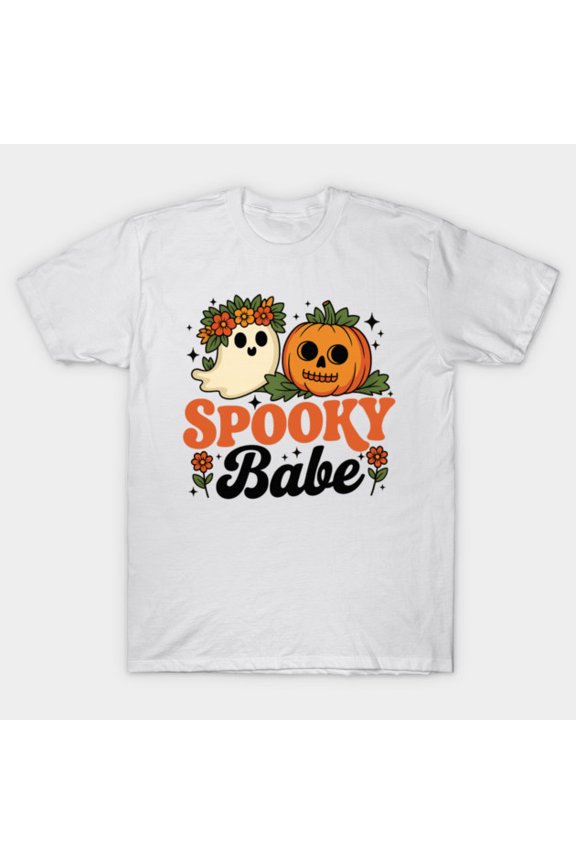 Babe Cute Ghost And Pumpkin Funny Halloween Retro Aesthetic Autumn Graphic H387 Unisex T-Shirt, Up to 5XL