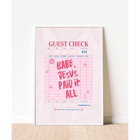 Babe Jesus Paid It All Print, Pink Checkered Menu Style Christian Wall Art, Retro Faith Humor