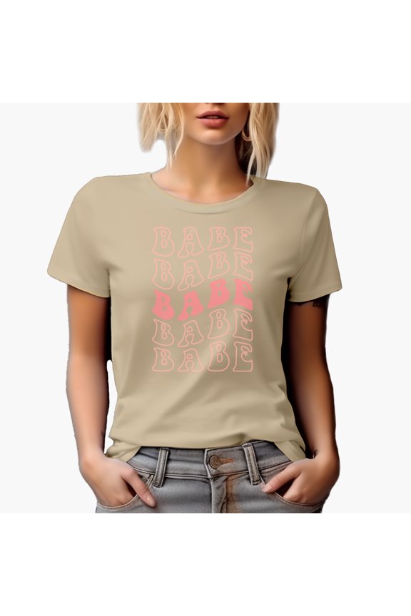 Babe, Name or Title for Your Girlfriend or Wife & Any Woman, Groovy Retro Wavy Text Merch Gift, Tan T-Shirt, Large