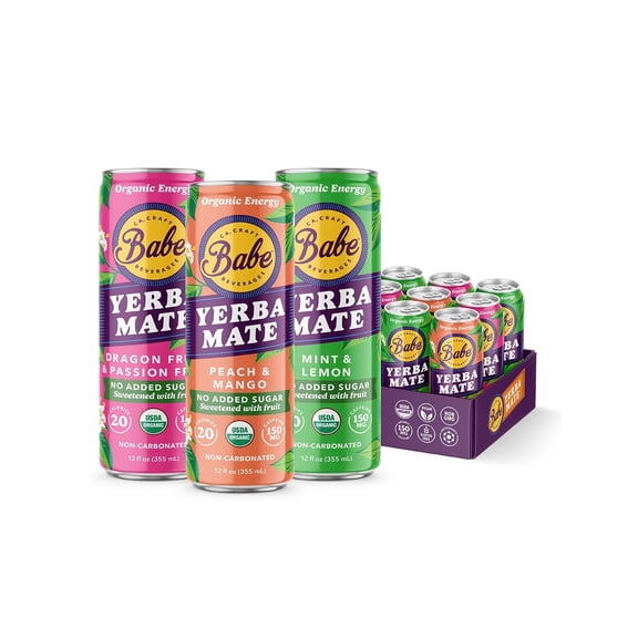 Babe Organic Yerba Mate Energy Drink, No Added Sugar, Mint and Lemon, 12 oz Cans, 12 Pack