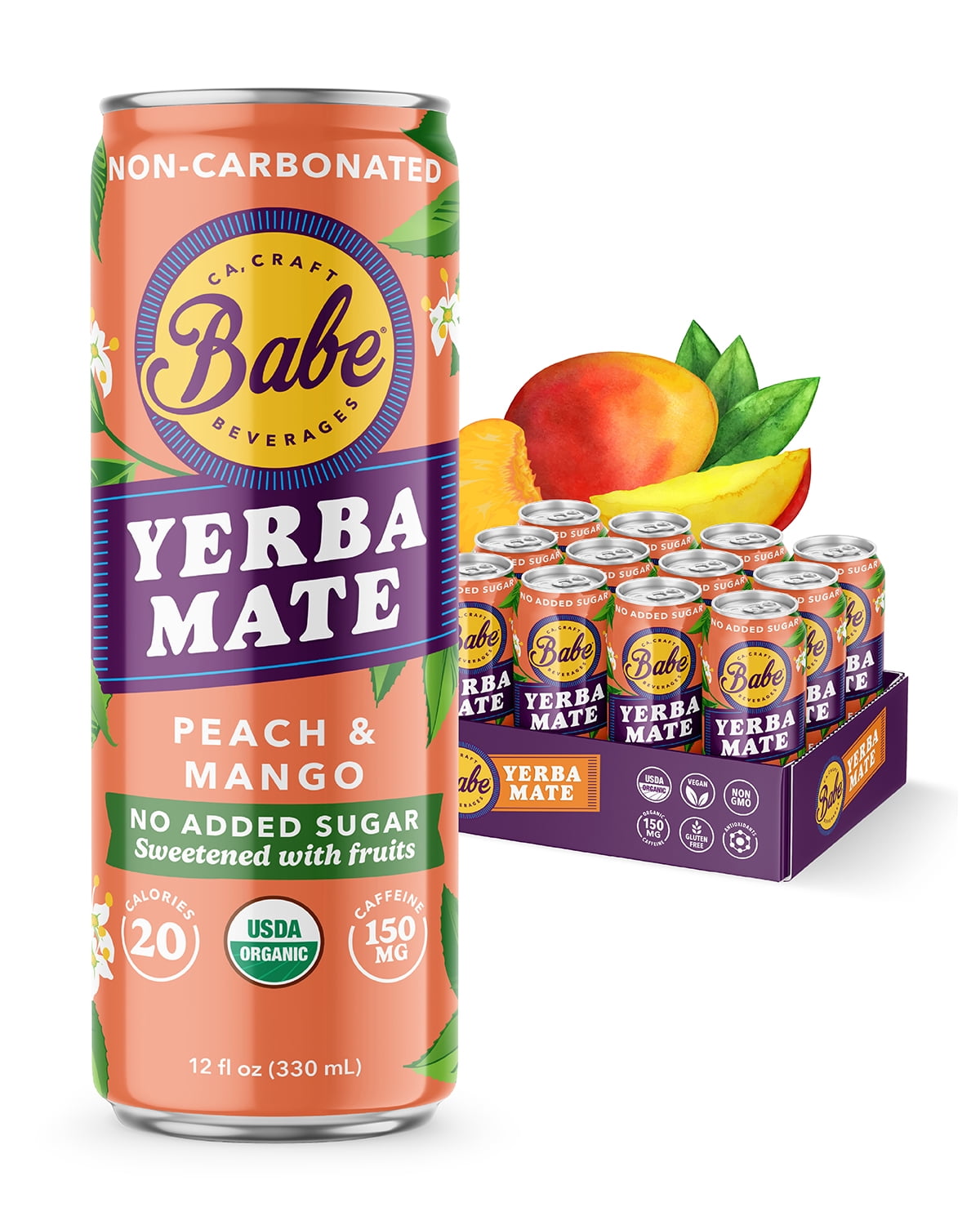 Babe Organic Yerba Mate Energy Drinks | 150mg Plant-Based Caffeine | Natural Yerba Mate Tea with No Crash, No Jitters (Peach & Mango Zero Sugar)