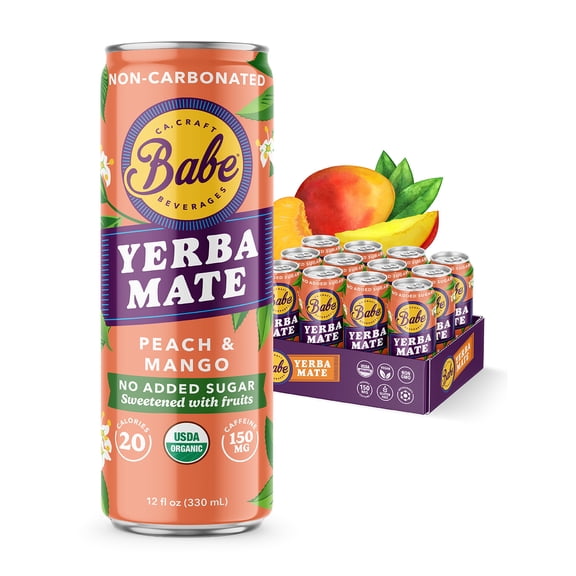 Babe Organic Yerba Mate Energy Drinks | 150mg Plant-Based Caffeine | Natural Yerba Mate Tea with No Crash, No Jitters (Peach & Mango Zero Sugar)