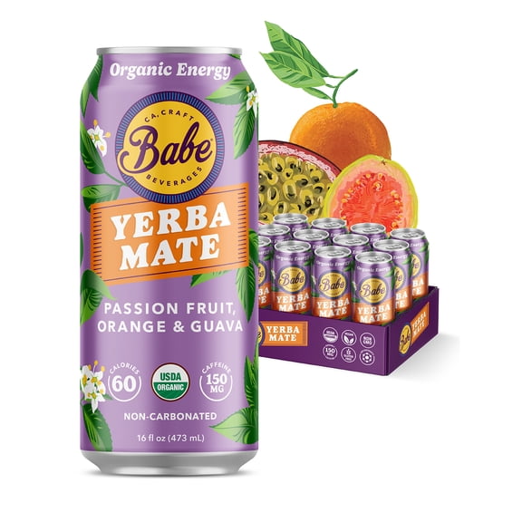 Babe Organic Yerba Mate Energy Drink, Passion Fruit, Orange & Guava, 16 oz Cans, 12 Pack, 150 mg Caffeine
