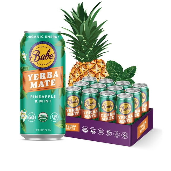 Babe Yerba Mate, Natural Energy Drink Alternative, Organic Pineapple & Mint, 16oz (Pack of 12), 150mg Caffeine
