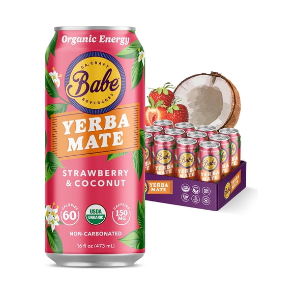 Babe Organic Yerba Mate Energy Drink, Strawberry & Coconut, 16 oz Cans, 12 Pack, 150 mg Caffeine