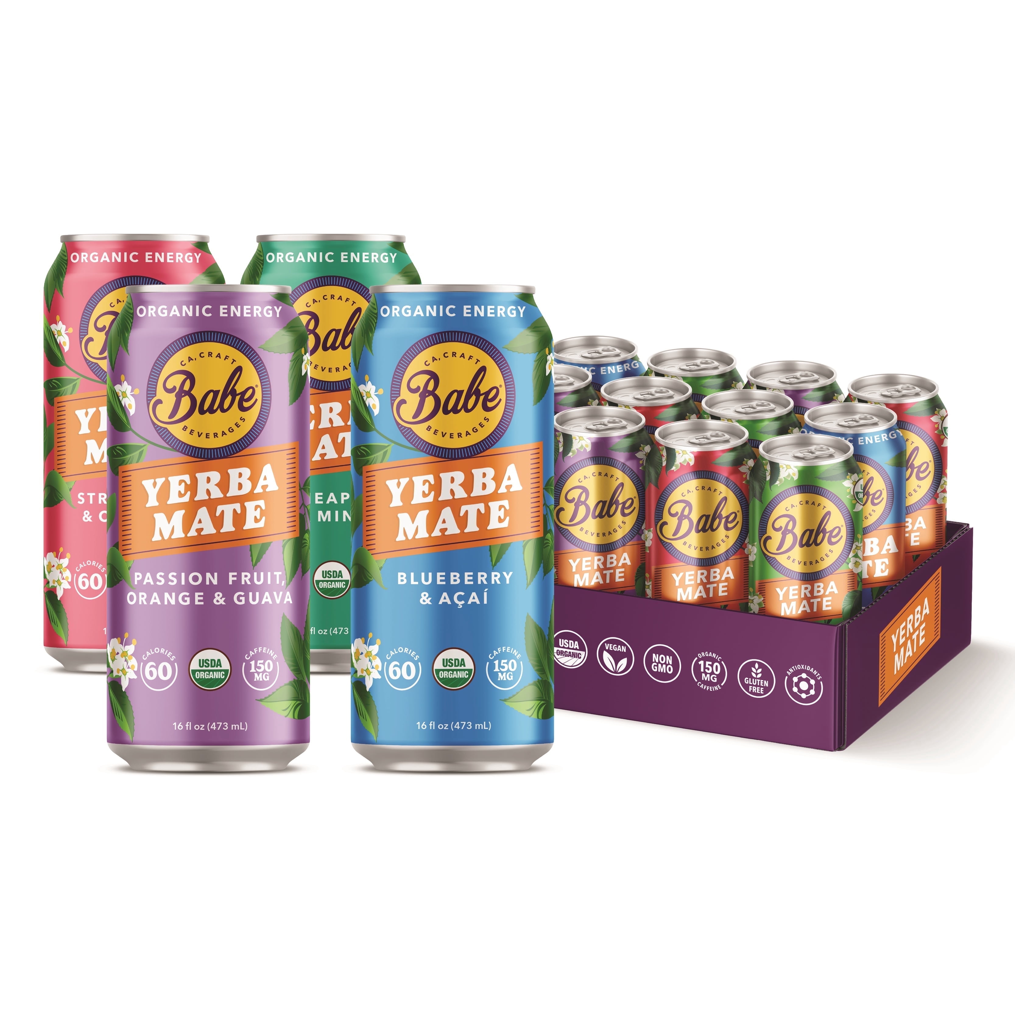Babe Yerba Mate, Natural Energy Drink Alternative, Variety Pack - 16oz (Pack of 12), 150mg Caffeine