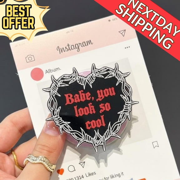 Babe, You Look So Cool Magnetic Phone Grip Gothic Heart Design, Motivational Quote Phone Holder, Black & Red Aesthetic, Edgy Accessory