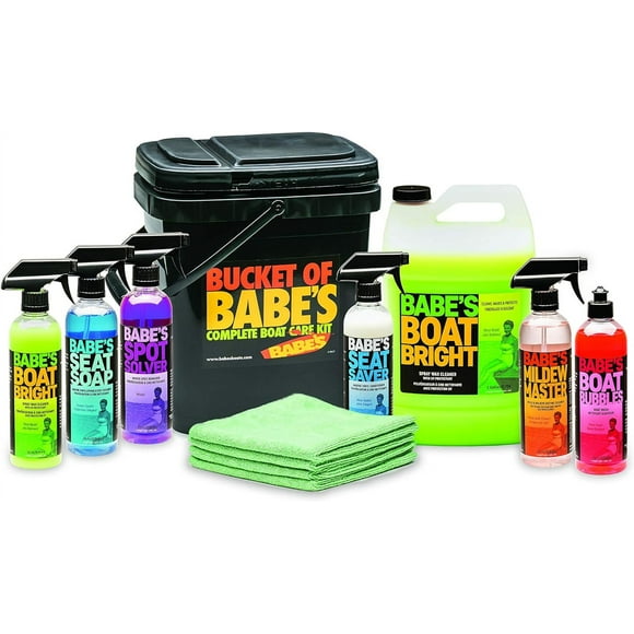 Babes Boat Cleaning Kit Bucket of Babes with 6 Essential Cleaners, Extra Boat Bright Gallon & Towels All-in-One Boat Care Set
