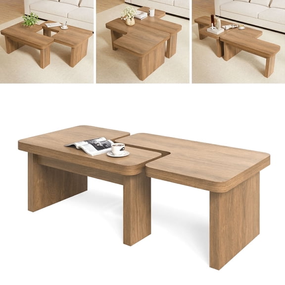 Babeipo Permory Farmhouse Coffee Table, 53-Inch Accent Center Table with Thicken Base, Multiple Layouts,Switch Between Square and Rectangular Table