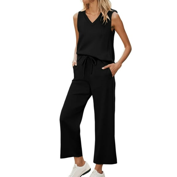 Baberdicy 2-Piece Lounge Set - Tank Top & Wide Leg Pants Casual Outfit Black Xxl, Womens Daily Casual 2 Piece Solid Tank Tops Wide Leg Pants Outfits Sets
