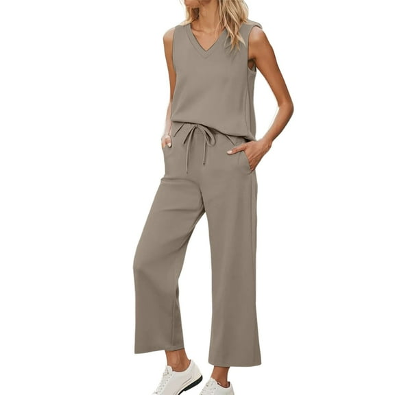 Baberdicy 2-Piece Lounge Set - Tank Top & Wide Leg Pants Casual Outfit Khaki L, Womens Daily Casual 2 Piece Solid Tank Tops Wide Leg Pants Outfits Sets