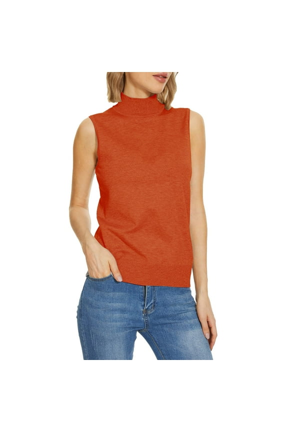 2025 Women's Mock Neck Sleeveless Vest Knit Turtleneck Top | Lightweight Layering Piece for Fall & Winter, Orange, Xl