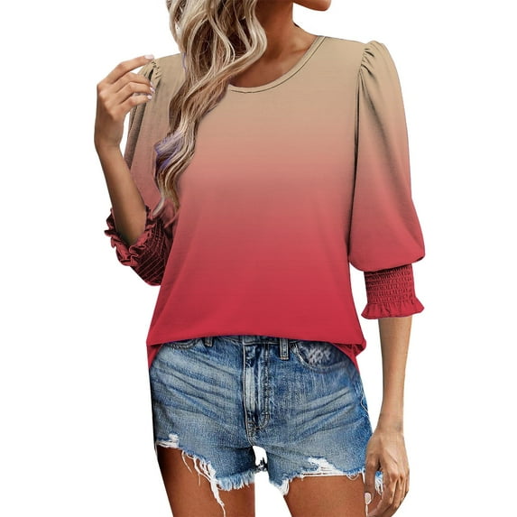 Baberdicy 3/4 Sleeve Ruffle Blouse - Women's Faux Cotton Dressy Top, Elegant Casual Tunic for Office or Special Occasions (Pink | XL)