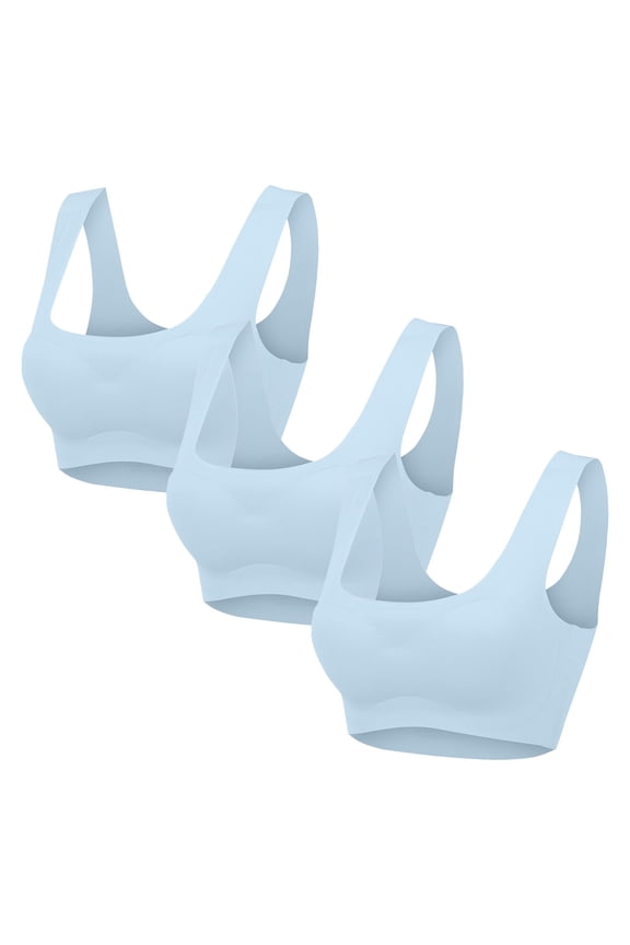 3-Pack Sports Bra, Women's Bra 3-Pack Ice-Silk Sports Bras – Seamless Yoga Crop Tops for Low-Impact Workouts, Lounging & Travel Days | Stretchy, Breathable, Removable Pads, Blue, Xxl