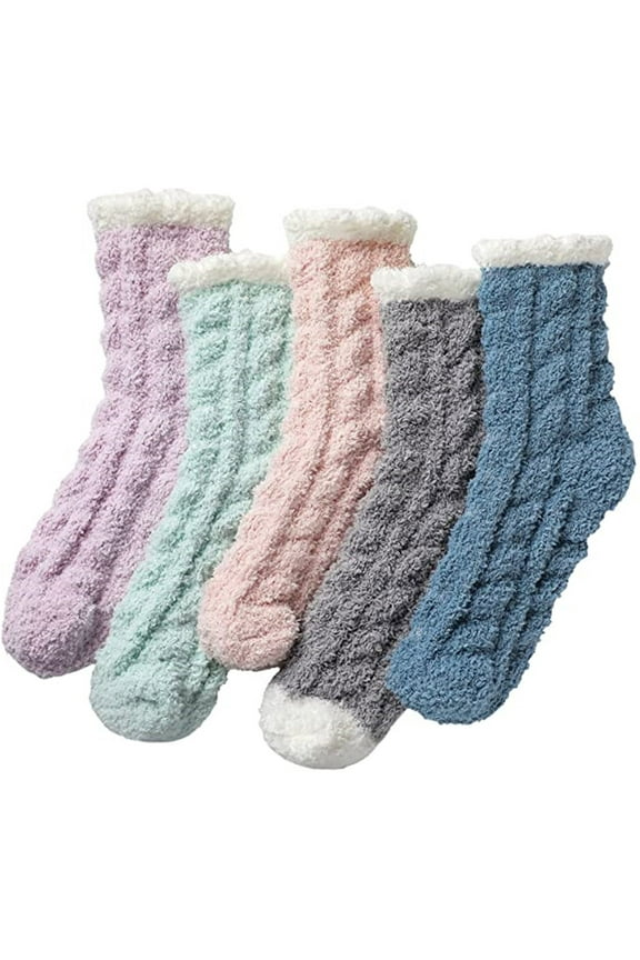 5 Pairs Women's Microfiber Fuzzy Socks, Plush Coral Fleece Non-Slip Sleeping Slipper Socks for Winter Home (Multi-Color Set),Multicolor Fits All – Gift Ready