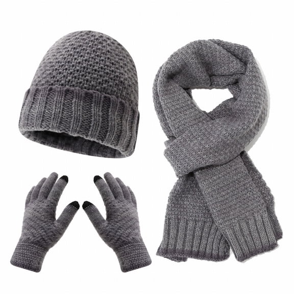 Baberdicy Adult Winter 3 Pcs, Women & Men Autumn Winter Warm Wool Hat Scarf Gloves Set, Three Pieces Winter Knit Cap with Brim And Screen Mittens, Color Block Style for Cold Weather Grey
