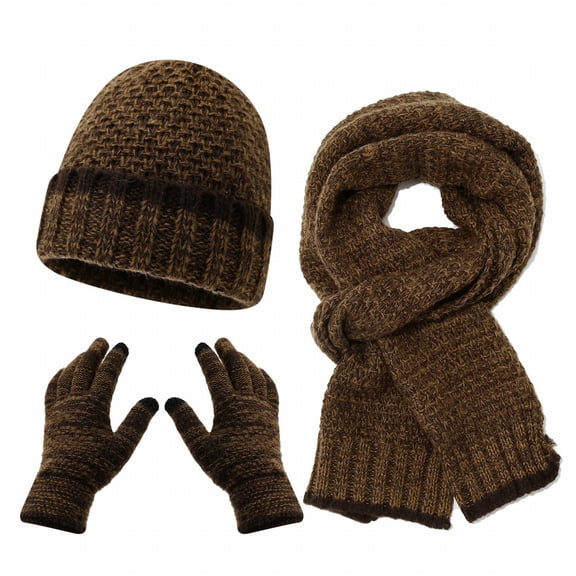 Baberdicy Adult Winter 3 Pcs, Women & Men Autumn Winter Warm Wool Hat Scarf Gloves Set, Three Pieces Winter Knit Cap with Brim And Screen Mittens, Color Block Style for Cold Weather Brown