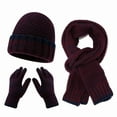 thumbnail image 1 of Baberdicy Adult Winter 3 Pcs, Women & Men Autumn Winter Warm Wool Hat Scarf Gloves Set, Three Pieces Winter Knit Cap with Brim And Screen Mittens, Color Block Style for Cold Weather Burgundy, 1 of 2