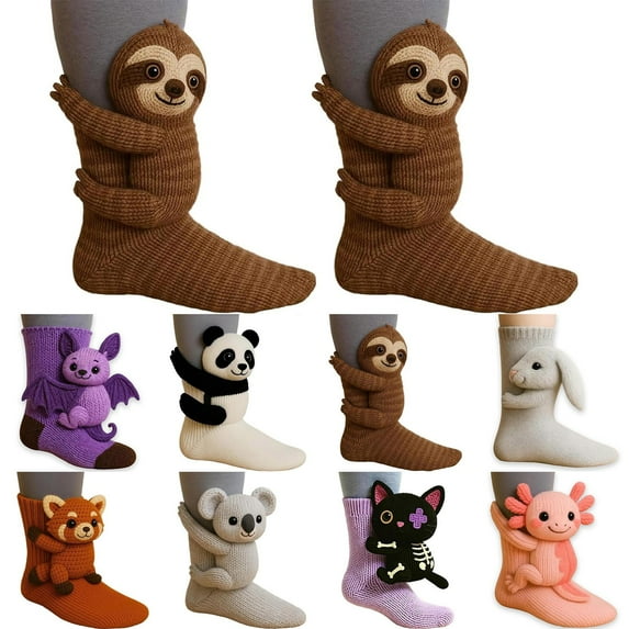 Baberdicy Animal Print Socks, 3D Knit Animal Socks, Hand Crocheted Double Layer Cotton Warm Socks, Cute Animal Themed Socks for Kids And Adults Brown