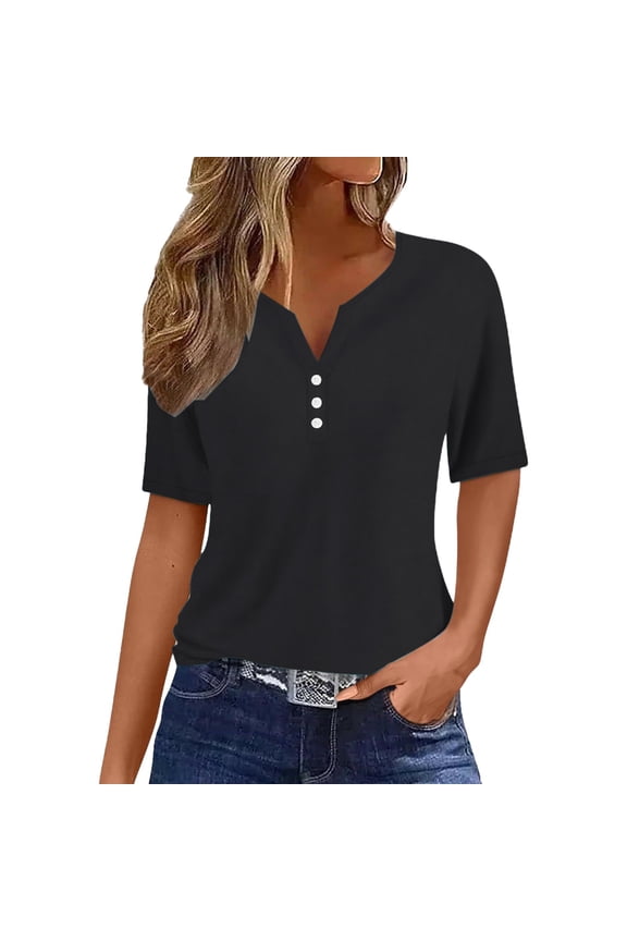 Basic Button-Down T-Shirt - Women's Solid Color Casual Short Sleeve Top, Comfortable Crew Neck Everyday Essential Tee (Black | S)