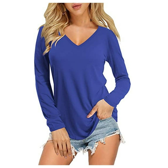 Baberdicy Basic Top Tee Lady Fashion Women Top Solid Color Loose Long Sleeve V-Neck Casual Blouse Tshirts Shirts for Women Blue 2Xl