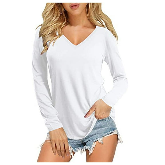 Baberdicy Basic Top Tee Lady Fashion Women Top Solid Color Loose Long Sleeve V-Neck Casual Blouse Tshirts Shirts for Women White L