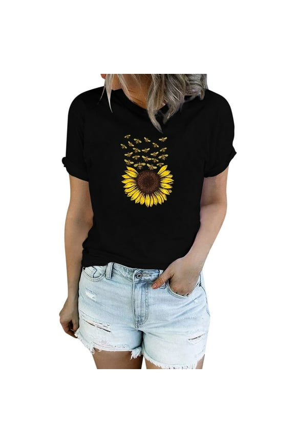 Basic Top Tee Sunflower Shirts for Women Cute Dandelion Graphics Tshirt Summer Women Short Sleeve Tee Tops Tshirts Shirts for Women Brown Xl