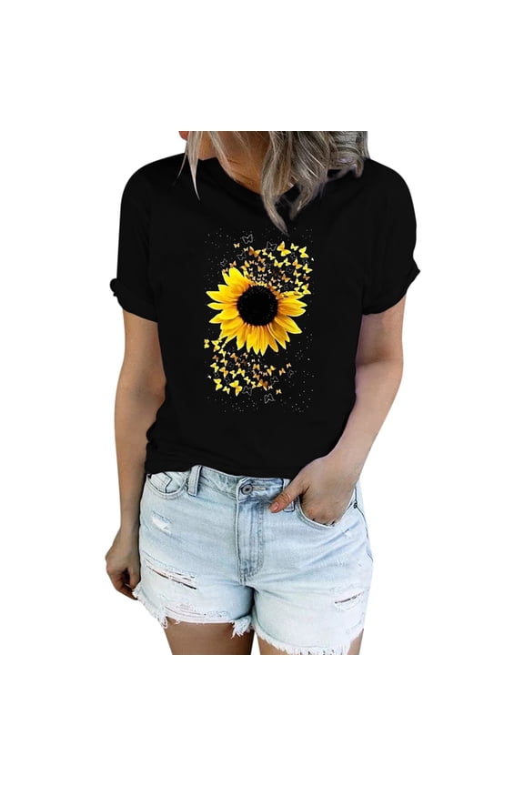 Basic Top Tee Sunflower Shirts for Women Cute Dandelion Graphics Tshirt Summer Women Short Sleeve Tee Tops Tshirts Shirts for Women Black M