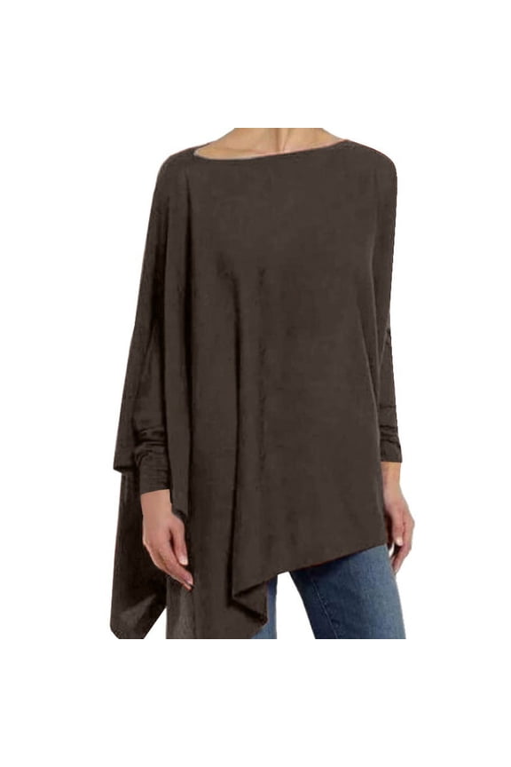Basic Top Tee Women Factory Design Spring Style Long Sleeve Irregular Solid Color Pullover T Shirt Tshirts Shirts for Women Coffee 2Xl