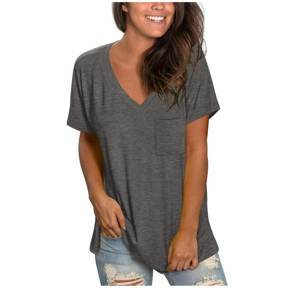 Baberdicy Basic Top Tee Women's Casual Comfort V-Neck Solid Color Pocket Loose Fit Short Sleeve Shirt Tshirts Shirts for Women Dark Gray S