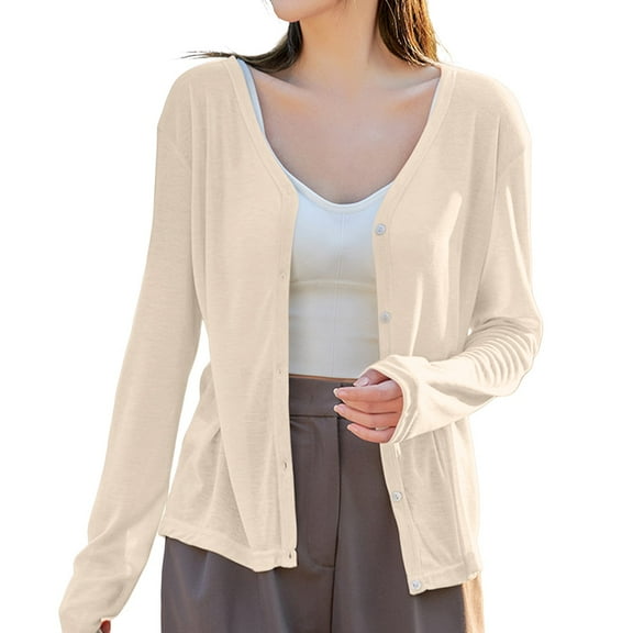 Baberdicy Beige Women's Thin Long Sleeved V Neck Jacket Knitted Air Conditioning Shirt Cardigan Tops, M