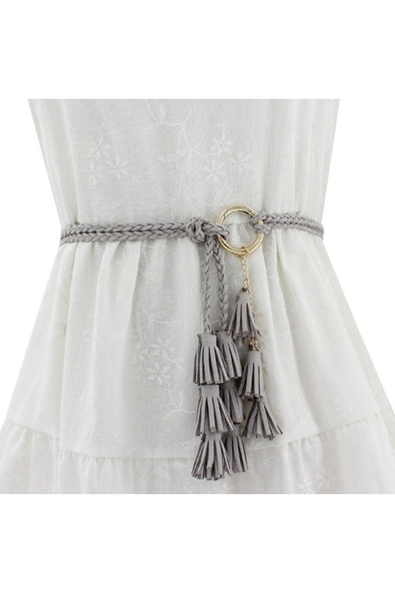 Belts for Women, Women Casual Knotted Braided Belt Fringe Waist Cord Belt Grey
